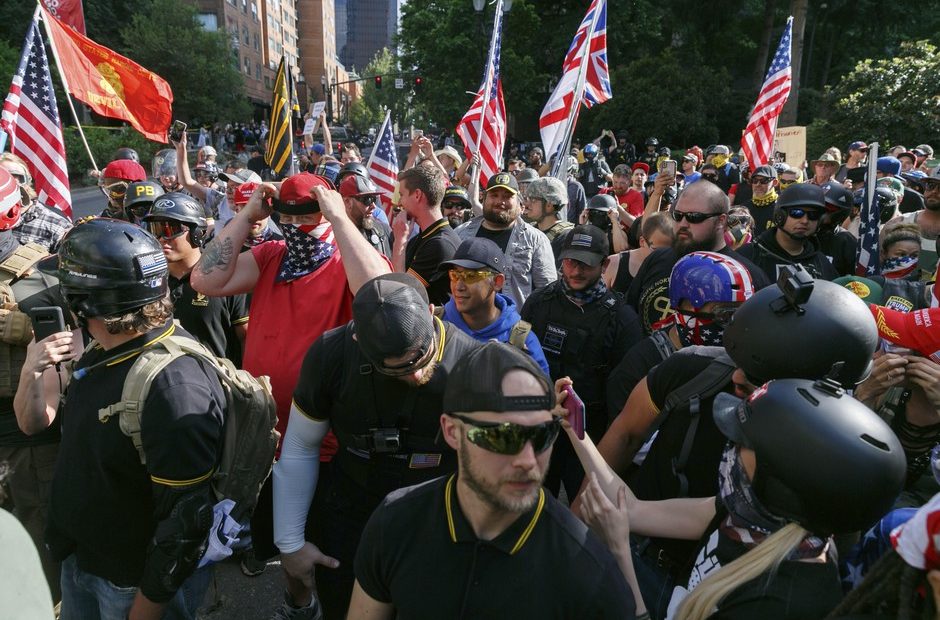 Proud Boy and Patriot Prayer members staged a “Freedom and Courage” rally and march in Portland, Ore., on June 30, 2018. CREDIT: John Rudoff/Sipa USA