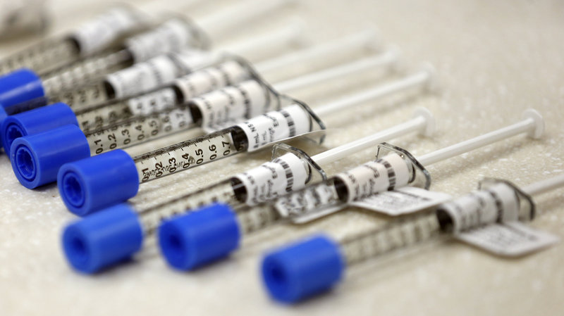 Syringes of fentanyl, an opioid painkiller, sit in an inpatient facility in Salt Lake City. According to the Centers for Disease Control and Prevention, opioid-related overdoses have contributed to the life expectancy drop in the U.S. CREDIT: RICK BOWMER/AP