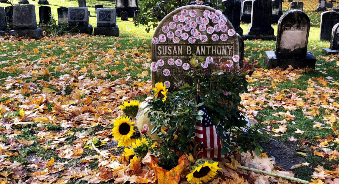 Susan B. Anthony's grave is covered with "I Voted" stickers in Rochester, N.Y., on Tuesday. CREDIT: JESSICA CRANE