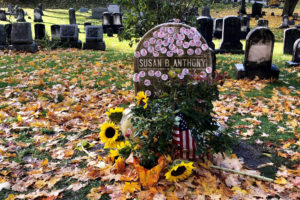 Susan B. Anthony's grave is covered with "I Voted" stickers in Rochester, N.Y., on Tuesday. CREDIT: JESSICA CRANE