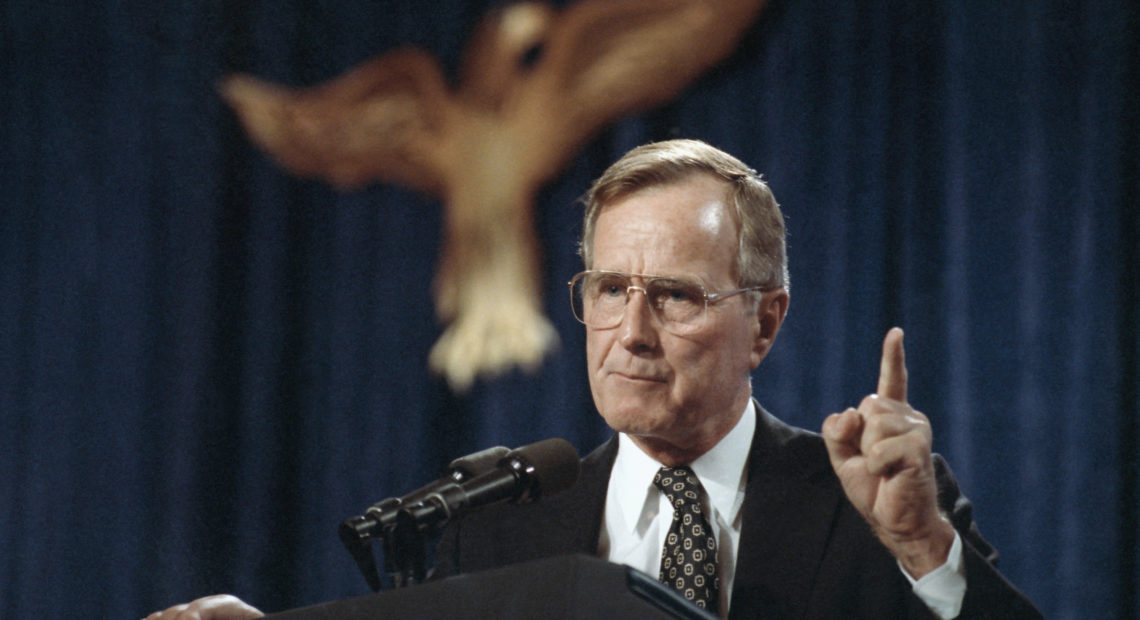 George H.W. Bush, the 41st president of the United States, speaks at a fundraiser in Dallas in 1991.