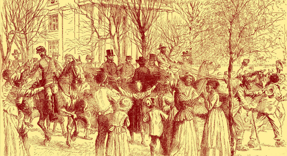 Abraham Lincoln is shown in Richmond, Va., being cheered by former slaves in 1865.