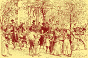 Abraham Lincoln is shown in Richmond, Va., being cheered by former slaves in 1865.