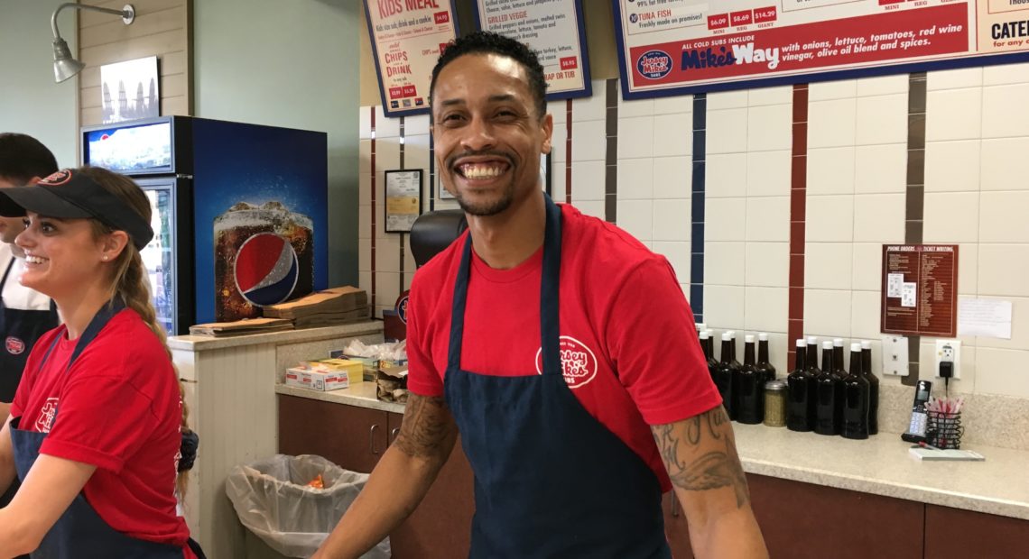 Manager Brian Murray of Jersey Mike's in Thousand Oaks, Calif. The store donated one half of a day's proceeds to a fund for the families of victims of the Borderline Bar & Grill shooting. Ina Jaffe/NPR