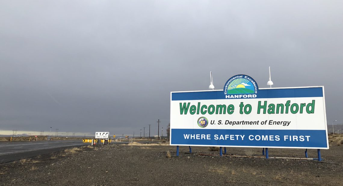 A new sign graces the entrance onto the Hanford site near Richland, Washington. CREDIT: ANNA KING