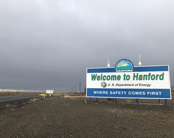 A new sign graces the entrance onto the Hanford site near Richland, Washington. CREDIT: ANNA KING