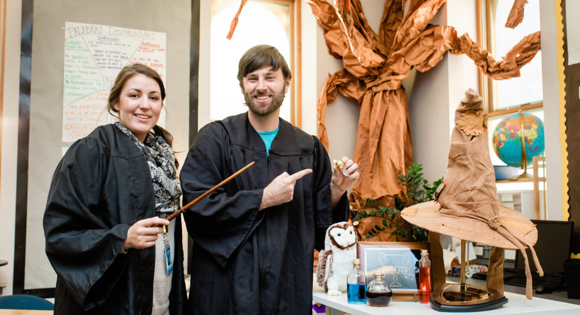 Kate Keyes and Ben VanDonge are two-thirds of a fifth-grade teaching team in Walla Walla, Wash. This year marks their third doing an all-encompassing Harry Potter theme. Courtesy of Mark VanDonge