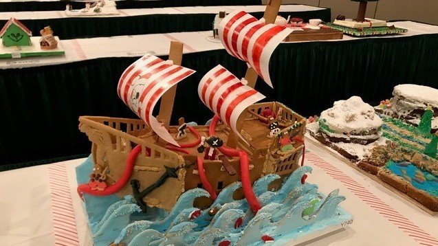 The gingerbread competition is not limited to houses — dragons, pirate ships and bonsai trees are also welcome. CREDIT: Kristen Hartke/NPR