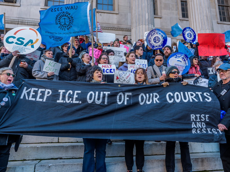 The Association of Legal Aid Attorneys along with dozens of unions, immigrant rights organizations, and community groups held a rally on December 7, 2017 at Brooklyn Borough Hall to call on the Office of Court Administration and Chief Judge Janet DiFiore to prohibit Immigration & Customs Enforcement agents from entering state courthouses, and to end coordination with ICE. Pacific Press/LightRocket via Getty Images