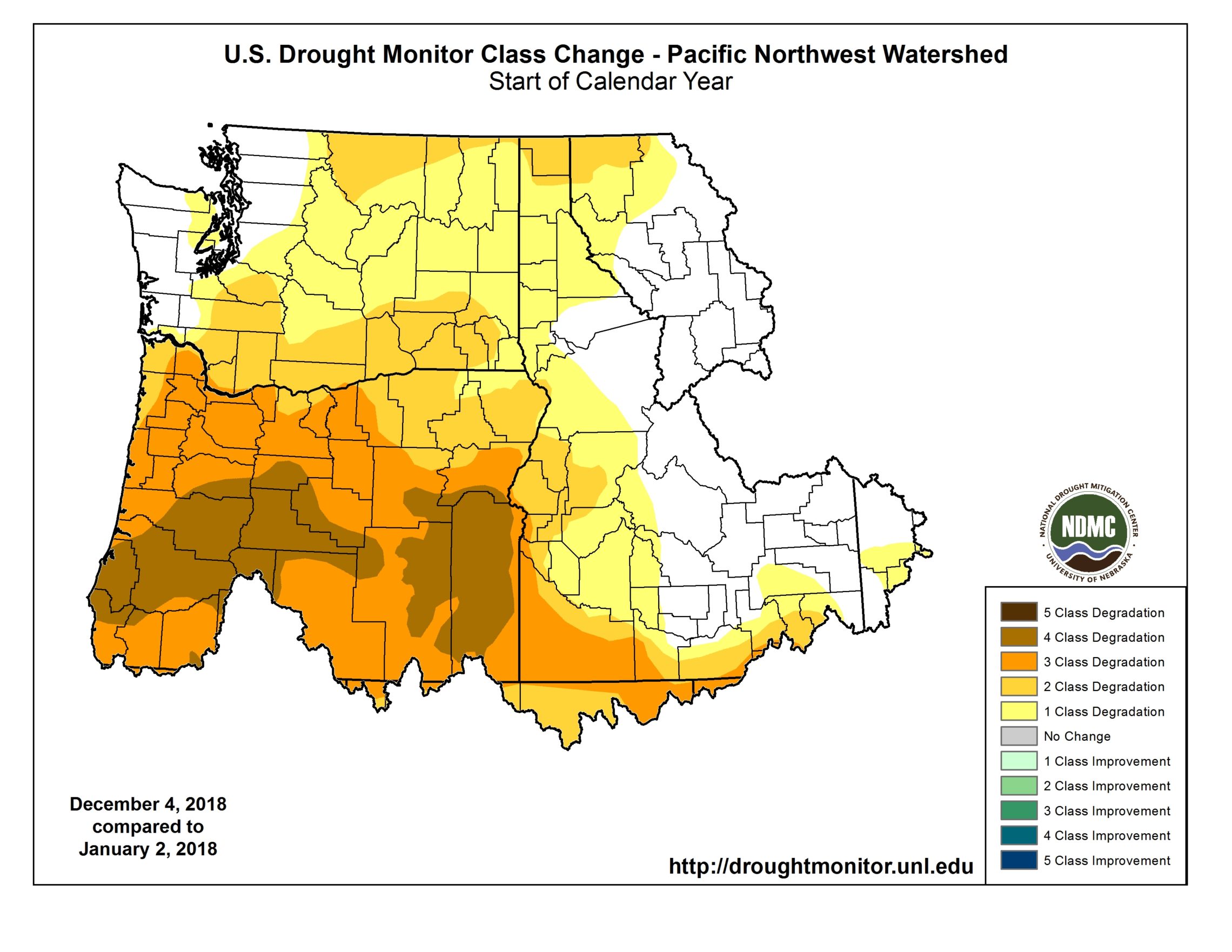The Northwest watershed shows areas of abnormal dryness to severe drought over 2018. CREDIT: U.S. DROUGHT MONITOR