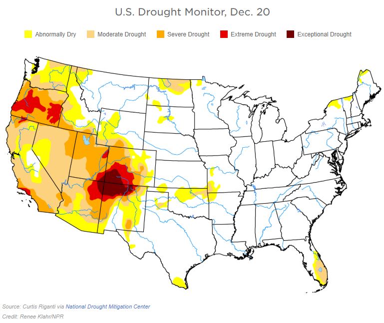 U.S. Drought map showing western U.S. for 12-20-2018