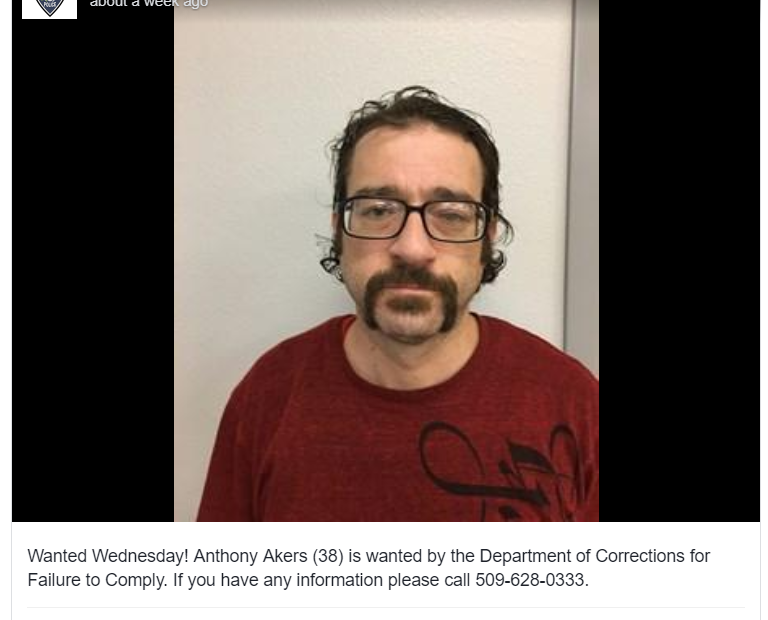 Anthony Akers, 38, turned himself in after responding online to a "Wanted Wednesday" callout by Richland Police Department, seeking his arrest. CREDIT: RICHLAND POLICE/FACEBOOK