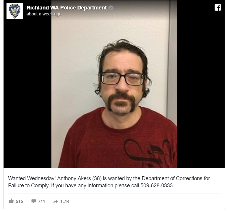 Anthony Akers, 38, turned himself in after responding online to a "Wanted Wednesday" callout by Richland Police Department, seeking his arrest. CREDIT: RICHLAND POLICE/FACEBOOK