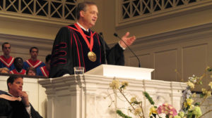 Southern Baptist Theological Seminary President R. Albert Mohler, Jr. speaks at the school's convocation ceremony in 2013. Mohler, who has led the seminary for 25 years, commissioned a report on the role racism and support for slavery played in its origin and growth. CREDIT: BRUCE SCHREINER/AP