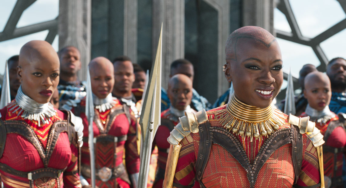 Ayo (Florence Kasumba, left) and Okoye (Danai Gurira) are members of the Dora Milaje, the elite female warriors of Wakanda, in Black Panther. CREDIT: Marvel Studios