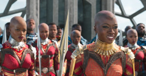 Ayo (Florence Kasumba, left) and Okoye (Danai Gurira) are members of the Dora Milaje, the elite female warriors of Wakanda, in Black Panther. CREDIT: Marvel Studios
