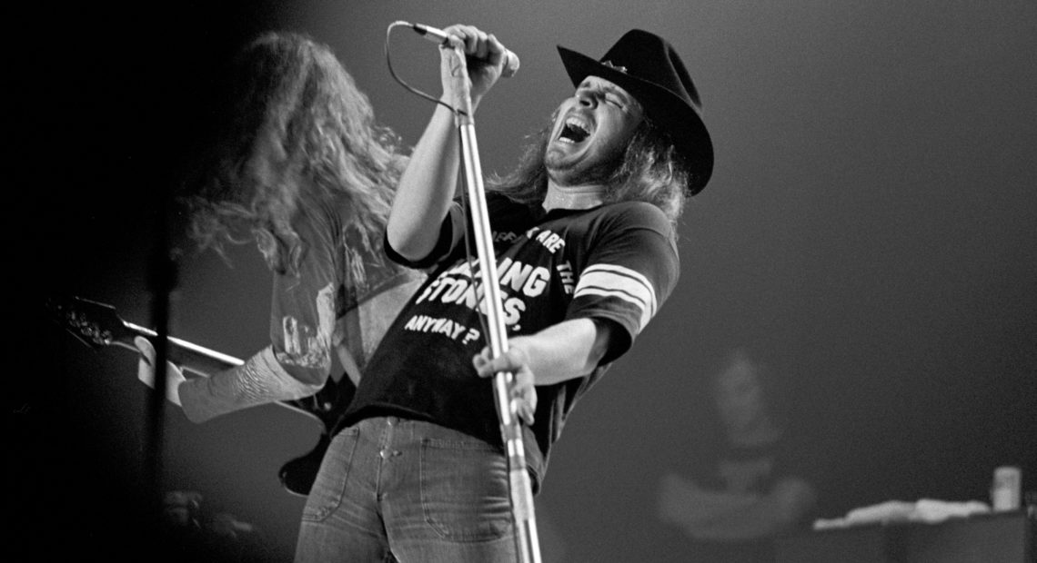 Ronnie Van Zant in 1975, onstage with Lynyrd Skynyrd at the Omni Coliseum in Atlanta.