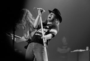 Ronnie Van Zant in 1975, onstage with Lynyrd Skynyrd at the Omni Coliseum in Atlanta.