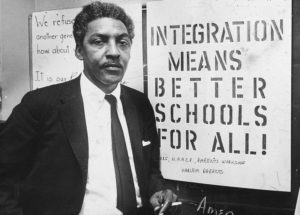 American civil rights activist Bayard Rustin, pictured in 1964, as spokesman for the Citywide Committee for Integration, at the organization's headquarters, Silcam Presbyterian Church in New York City. CREDIT: Patrick A. Burns/New York Times Co./Getty Images