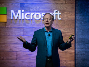 Brad Smith, president of Microsoft Corp., speaks during a presentation on affordable housing in Bellevue, Wash., on Thursday. Microsoft Corp. said it will spend $500 million to develop affordable housing and help alleviate homelessness in the Seattle area. CREDIT: Bloomberg via Getty Images