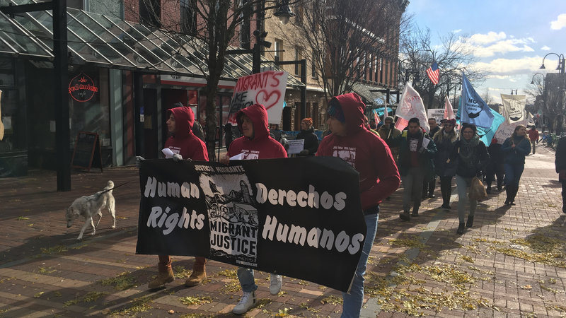 Farmworkers marched to the federal courthouse in November in Burlington, Vt. to file a lawsuit that alleges their leaders were targeted by ICE, with the help of the state DMV. CREDIT: Liam Elder-Connors/VPR