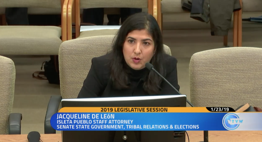 Jacqueline DeLeon with the Native American Rights Fund testifies on voting rights before a Washington legislative committee Jan. 23, 2019. Courtesy of TVW