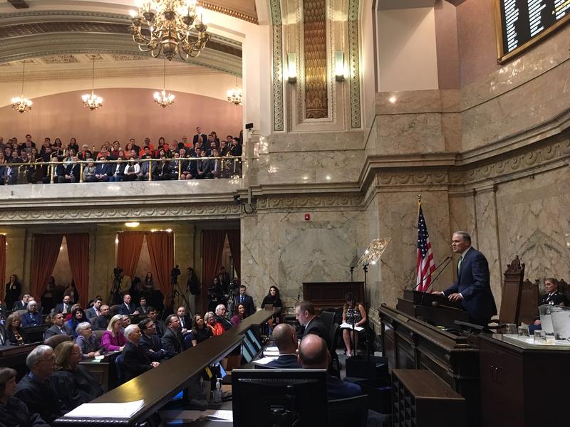 Climate change topped Gov. Jay Inslee's list of priorities in his 2019 State of the State speech. CREDIT: AUSTIN JENKINS/N3