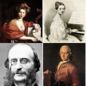From top left: Barbara Strozzi, Clara Wieck Schumann, Jacques Offenbach, and Leopold Mozart