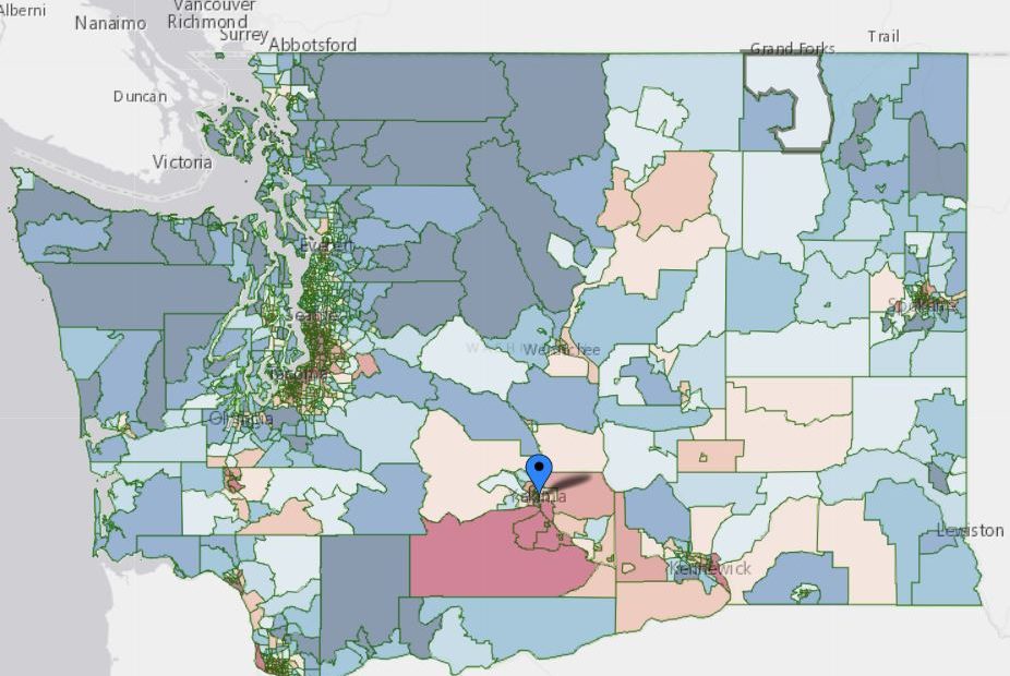The Environmental Health Disparaties map shows concentrations of pollution combined with demographics to color code risk areas. CREDIT: WASHINGTON DEPT. OF HEALTH