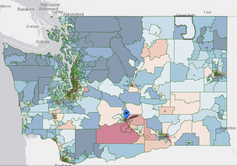 The Environmental Health Disparaties map shows concentrations of pollution combined with demographics to color code risk areas. CREDIT: WASHINGTON DEPT. OF HEALTH