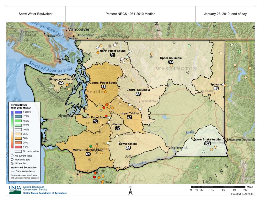 As of late January 2019, much of the Washington snowpack was under historical averages. CREDIT: USDA/NRCS