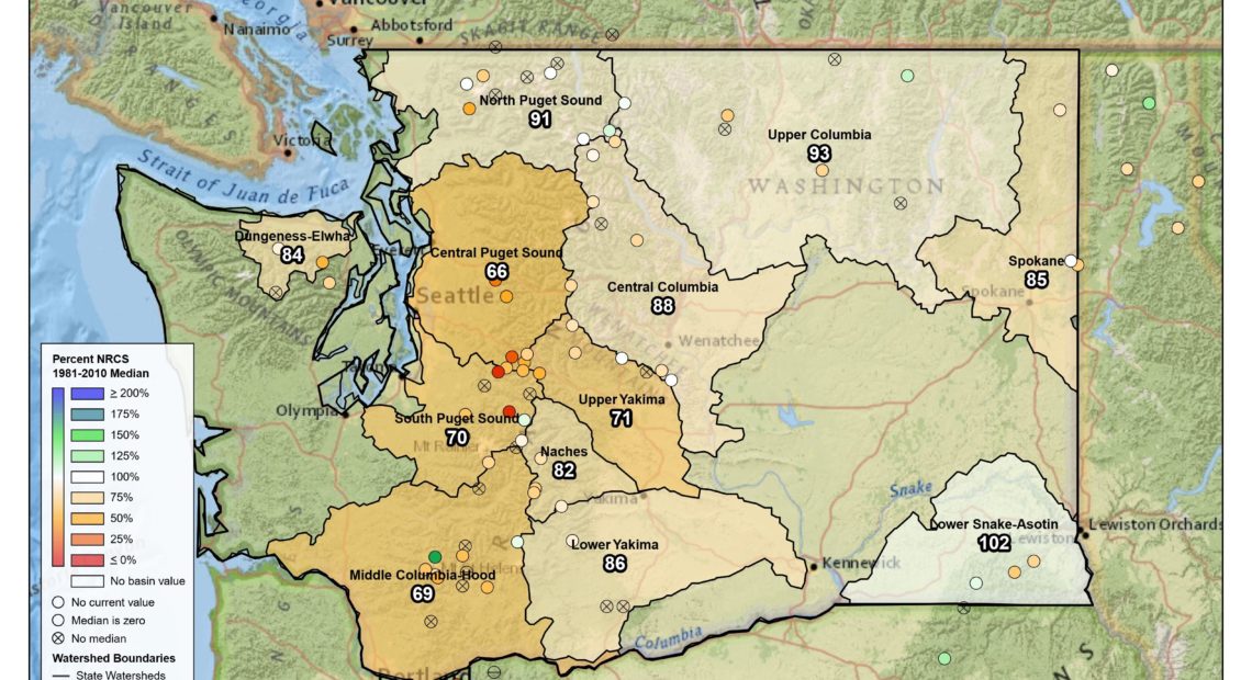 As of late January 2019, much of the Washington snowpack was under historical averages. CREDIT: USDA/NRCS