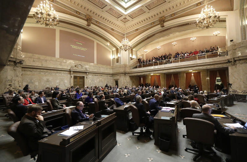 Washington House representatives listen to testimony,, Jan. 24, 2019, before they unanimously voted to approve a code of conduct for the Legislature. CREDIT: TED S. WARREN/AP