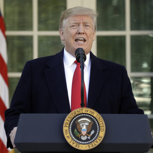 President Trump speaks in the Rose Garden of the White House on Friday, saying he will endorse a short-term spending deal to end the government shutdown. Evan Vucci/AP