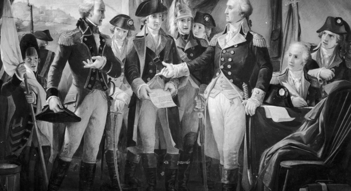 October 1789: American Gen. George Washington declining to accept terms, after the siege of Yorktown, from British Gen. Charles Cornwallis (left), whose subsequent surrender practically ended the American War of Independence.