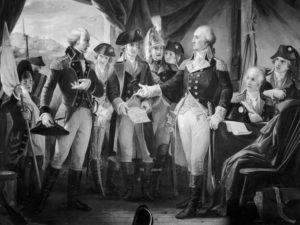 October 1789: American Gen. George Washington declining to accept terms, after the siege of Yorktown, from British Gen. Charles Cornwallis (left), whose subsequent surrender practically ended the American War of Independence.