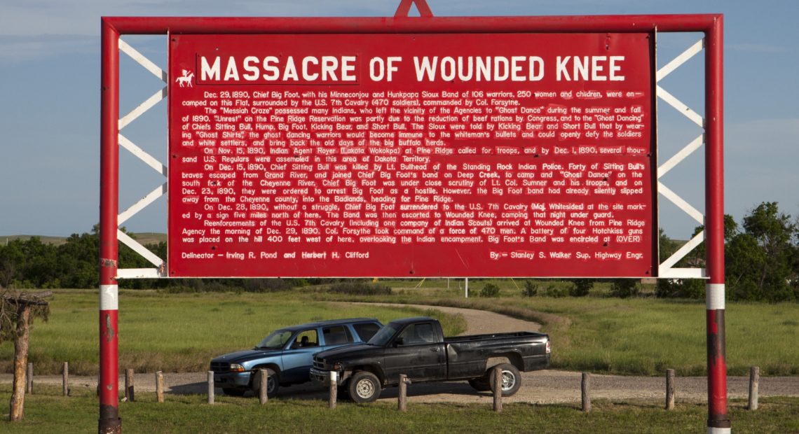 Memorial to the Wounded Knee Massacre that occurred on Dec. 29, 1890, near Wounded Knee Creek on the Lakota Pine Ridge Indian Reservation, South Dakota.