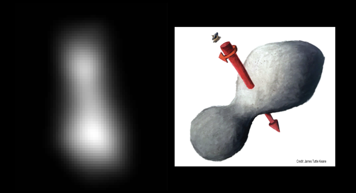 Left: the best current image of the planet known as Ultima Thule. Right: an illustration of one possible appearance of the distant object. Its rotation is shown in red. NASA/JHUAPL/SwRI; sketch courtesy of James Tuttle Keane