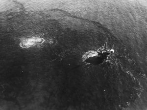 The oil slick visible around Platform A in the Santa Barbara Channel emanated from fissures in the seabed. CREDIT: USGS