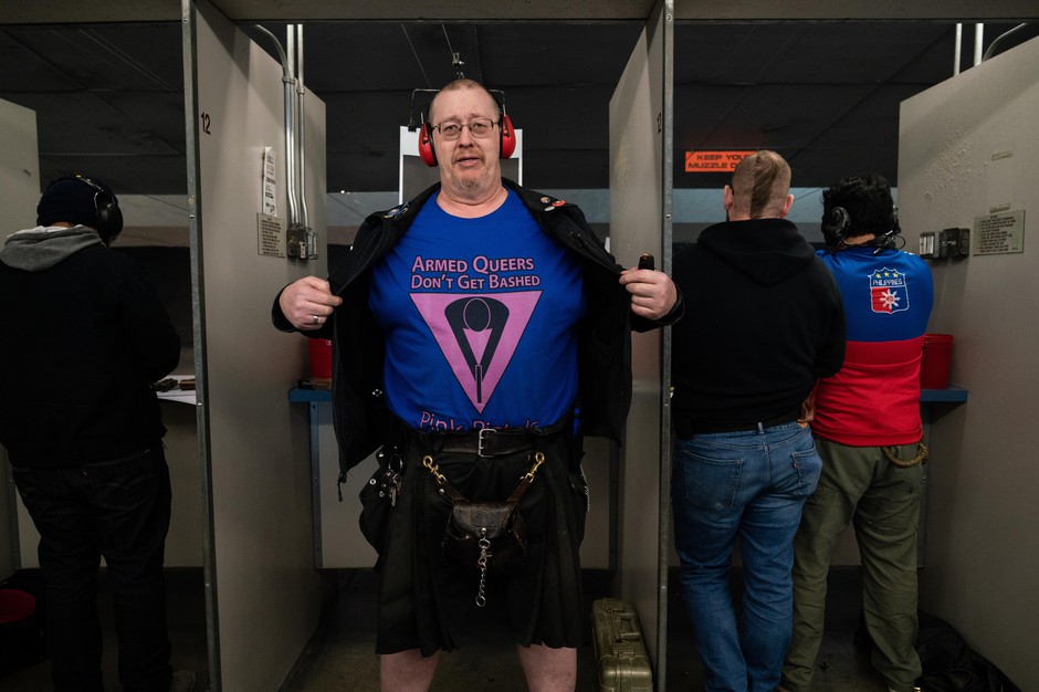 L.A. Watson-Haley shows off his new T-shirt at The Liberal Gun Club’s winter range day on Jan. 26, 2019 in Portland, Ore. CREDIT: JONATHAN LEVINSON/OPB