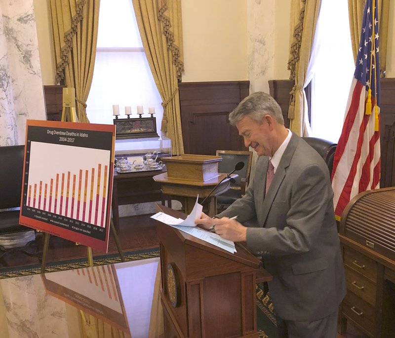 Idaho Gov. Brad Little signs into law legislation to make the overdose reversal drug naloxone more readily available. CREDIT: Keith Riddler/AP News