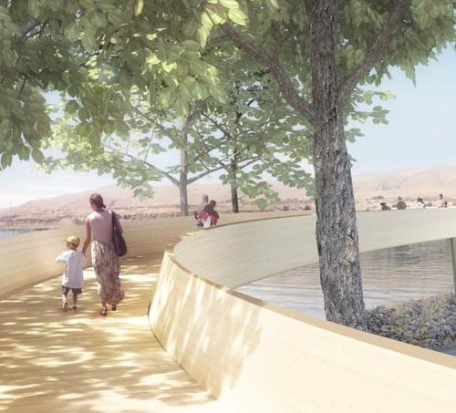 Artist Maya Lin's design for Celilo Park included an elevated arc that would end at the edge of the now-flooded historic falls on the Columbia River. CREDIT: MAYA LIN STUDIO