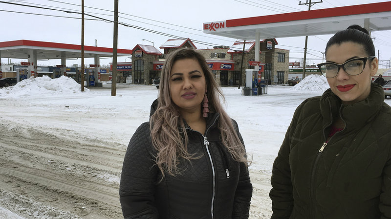 Martha Hernandez (left) and Ana Suda say they were interrupted and detained because they spoke Spanish while shopping at a convenience store in Havre, Mont. They've now filed a lawsuit. CREDIT: Brooke Swaney/ACLU of Montana via AP