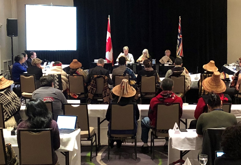 Traditional cedar hats abound as Washington tribal leaders speak at an "oral traditional evidence" hearing held by the National Energy Board in Victoria, B.C. CREDIT: NATIONAL ENERGY BOARD
