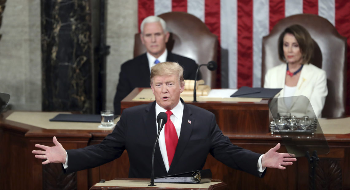 President Trump delivers his State of the Union address Tuesday to a joint session of Congress on Capitol Hill in Washington, as Vice President Pence and Speaker of the House Nancy Pelosi, D-Calif., watch.