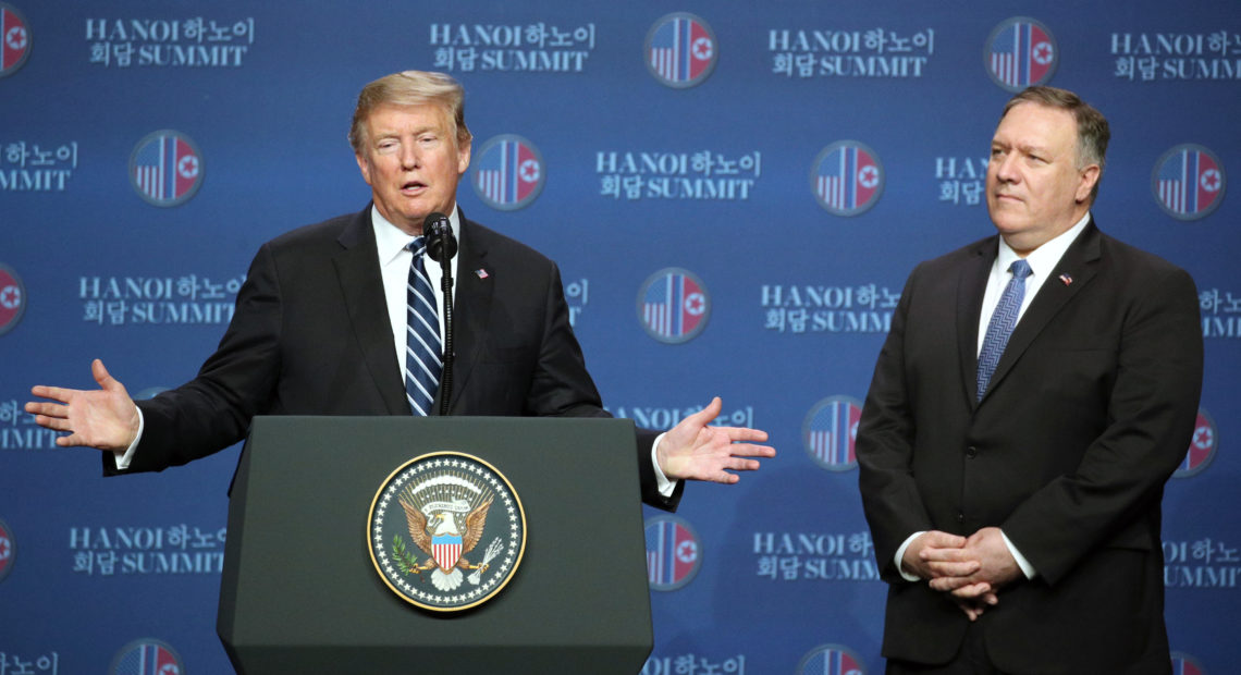 President Trump speaks as Secretary of State Mike Pompeo looks on during a news conference following the DPRK-USA Hanoi Summit in Hanoi, on Thursday. Trump's second summit with Kim collapsed Thursday without an agreement between the two leaders. CREDIT: SeongJoon Cho/Bloomberg via Getty Images