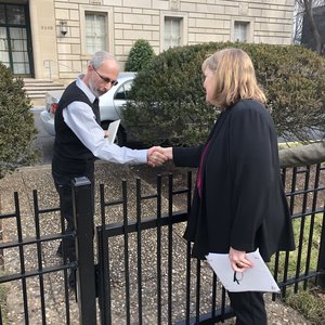 Clergy abuse survivor Becky Ianni (right) delivers a letter to the Vatican Embassy in Washington, D.C., addressed to Pope Francis. CREDIT: TOM GJELTEN/NPR