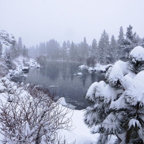 A view of the Deschutes River near First Street rapids in Bend, after a winter storm dumped over a foot of snow overnight on February 25, 2019. CREDIT: EMILY CURETON/OPB