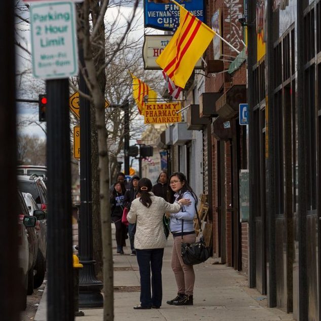 South Vietnamese flags fly over businesses down Boston's Dorchester Avenue ahead of the 40th anniversary of the fall of Saigon. CREDIT: Jesse Costa/WBUR