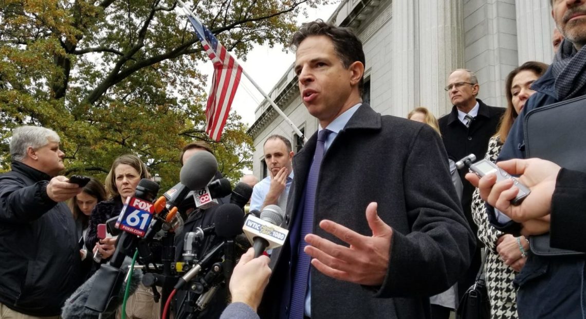 Josh Koskoff, a lawyer representing the families of Sandy Hook shooting victims, speaks outside the Connecticut Supreme Court in this file photo from 2017. Patrick Skahill/Connecticut Public Radio